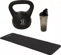 Tunturi - Fitness Set - Kettlebell 12 kg - Fitnessmat 180 x 60 x 1,5 cm - Shakebeker