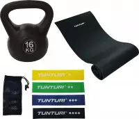 Tunturi - Fitness Set - Kettlebell 16  kg - Fitnessmat 160 x 60 x 0,7 cm - Weerstandsbanden 4 stuks
