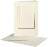 Passepartout kaarten , afmeting kaart 10,5x15 cm, afmeting envelop 11,5x16,5 cm, off-white, rechthoek met gouden rand, 10sets, gatgrootte 6,5x8,8 cm