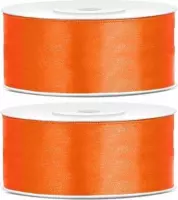 2x Satijn sierlint rollen oranje 25 mm - Sierlinten - Cadeaulinten - Decoratielinten
