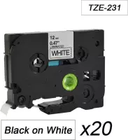 20x Tze-231 TZ231 Compatible voor Brother P-touch Label Tapes- Zwart op Wit - 12mm