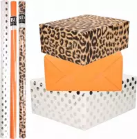 6x Rollen kraft inpakpapier/folie pakket - panterprint/oranje/wit met zilveren stippen 200 x 70 cm - dierenprint papier