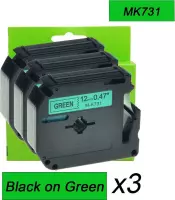 3x MK731 Label Tape Zwart op groen 12mm x 8m Compatible voor PT-55, PT-60, PT-65, PT-75, PT-80, PT-85, BB4, Minitech