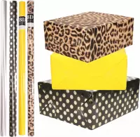 8x Rollen transparante folie/inpakpapier pakket - panterprint/geel/zwart met gouden stippen 200 x 70 cm - dierenprint papier