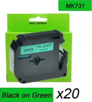 20PK MK731 M-K731 Zwart op groen 12mm Label Tape Compatible voor Brother P-Touch Label Maker