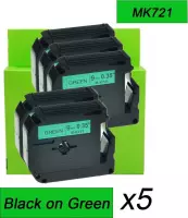 5PK MK721 M-K721 Zwart op groen Label 9mm Tape Compatible voor Brother P-Touch Label Maker