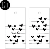 12x Labels van karton / Cadeaulabels | I Love You | 80 x 40 mm | zwart-wit