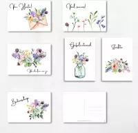 Wenskaarten - Bloemen - Set van 12 - Bloemenkaarten met tekst - Boeket - Vrolijk - Lief - Kaartje met een staartje - Felicitatie - Condoleance - Sterkte - Verjaardag - Postkaart -