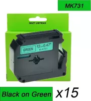 15 x MK-731 M-K731 Compatible Tape Zwart op groen voor Brother P-Touch Labelprinters