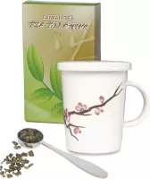 Cadeau set voor moeder, vrouw of vriendin bestaande uit 50 gram thee theebeker, mok, beker, Sakura 300 ml plus stalen maatlepel.