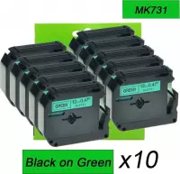 10PK MK731 M-K731 Zwart op groen 12mm Label Tape Compatible voor Brother P-Touch Label Maker
