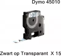 15 x  45010 Zwart op Transparant Standaard Label Tapes Compatible voor Dymo LabelManager 100 110 120P 150 160 PC2 200 210D 220P 260 260P 280 300 350 350D 360D 400 420P 450 / 12mm x