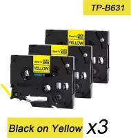 3x Brother Tze-631 TZ-631 Compatible voor Brother P-touch Label Tapes - Zwart op Geel - 12mm