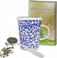 Cadeau set bestaande uit 50 gram thee theebeker met filter en deksel planten blauw 300 ml plus stalen maatlepel.