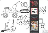 FUNNY MAT - Voertuigen -Kleurboek en Placemat voor Kinderen - 2-in-1 - Placemat Knutselen -  Kleurplaat met Werkvoertuigen voor Meisjes, Jongens en Volwassenen - Knutselmat -Afwasbaar