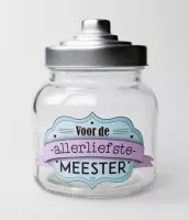 Snoeppot - Voor de allerliefste Meester - Gevuld met een mix van verpakte toffees - In cadeauverpakking met gekleurd lint