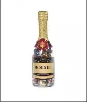 Champagnefles - Ik mis je - Gevuld met een snoepmix - In cadeauverpakking met gekleurd lint