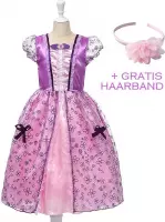 Rapunzel jurk Prinsessen jurk verkleedjurk 128-134 (140) paars roze met broche + roze haarband