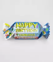Snoeptoffee - Happy Birthday - Gevuld met  een dropmix - In cadeauverpakking met gekleurd lint