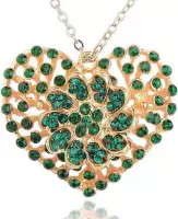 hangers hart bloem goudkleurig met groene strass, 68 x 64 x 9mm, 2 stuks