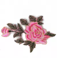 Roze Roos TakGoud Accenten XL Strijk Embleem Patch 19 cm / 14 cm / Roze Groen