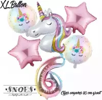 * Snoes * Unicorn * Eenhoorn  Licht Roze * Set van 6 Ballonnen XL * Unicorn Nummer 6 * Zesde verjaardag * Hoera 6 Jaar * Birthday * Ballon Cijfer 6