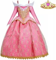 Doornroosje jurk Prinsessenjurk Royal Queen Deluxe 104-110 (110) roze goud + kroon verkleedjurk verkleedkleding