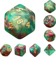 Polyset Dice | Dobbelstenen - Set Van 7 Stuks - Groen Rood Glitters en Goud| Polydice | Voor D&D en Andere Rollenspellen | Plastic Dobbelstenen Set voor Dungeons and Dragons | Poly