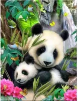 panda beer| 40x30 - vierkante steentjes - volledig dekkend - panda baby bloemen natuur met vlinders | Diamond Painting  pakket