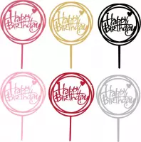 Taarttopper Happy Birthday - Taart Decoratie - Cake Topper - Verjaardag - 6 Kleuren Set - Rond - Hartjes