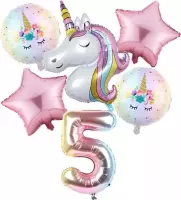 Unicorn * Eenhoorn Licht Roze * Set van 6 Ballonnen XL * Unicorn Nummer 5 * vijfde verjaardag * Hoera 5 Jaar * Birthday * Ballon Cijfer 5