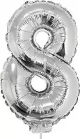 Zilveren opblaas cijfer ballon 8 op stokje 41 cm