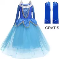 Cinderella jurk Deluxe Prinsessen jurk verkleedjurk blauw 134-140 (150) met broche + GRATIS handschoenen verkleedkleding