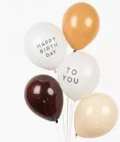 Retro - Vintage Ballonnen Bruintinten - Wit - Happy Birthday to you (zwart) | Effen - Donkerbruin - Beige - Bruin - Off-White | 5 stuks |  Verjaardag - Feest - Fotoshoot - Birthday - Party - 