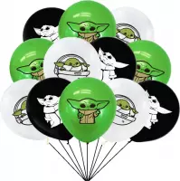 Baby Yoda Ballonnen - 12 Stuks - Mandalorian - Star Wars - Grogu - Verjaardag Versiering - Groen Wit Zwart