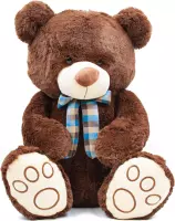 Knuffelbeer groot, 51cm donkerbruin, witte snuit, geblokte strik, zacht teddybeer, pluche knuffel