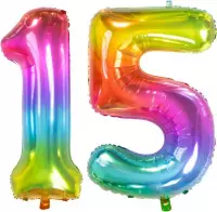 De Ballonnenkoning - Folieballon Cijfer 15 Yummy Gummy Rainbow - 86 cm