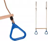 Houten trapeze met kunststof driehoeksringen Blauw en PP Touw