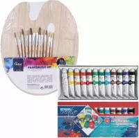 Hobby/knutsel schilderen set van 12 kleuren acryl verf met houten palet en 12 verfkwasten