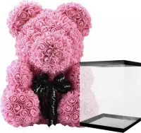 Rozen teddybeer van roze kunstrozen van 40cm - Valentijnsdag -Moederdag -Verjaardag -rose bear -bloemen beer -teddy beer - 40cm Roze Rose Bear met wit hart - 40cm Roze Rozen Beer -