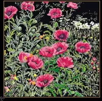 Thea Gouverneur Borduurpakket 2061.05 Papaver roze - Aida stof zwart 100% katoen