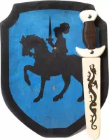 Houten Dolk met schede en Schild Blauw ridder te paard  schild zwaard ridder kinderzwaard