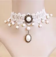 Choker wit kant en kettinkjes - collar ketting victoriaans verstelbaar - lolita sexy witte 2