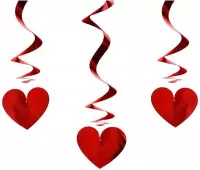 3x Hangdecoratie swirls/rotorspiralen Rode hartjes - Valentijnsdag decoratie