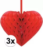 3x Valentijn hartjes - 3x Rode decoratie ophang hartjes versiering van 15 cm