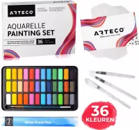 ARTECO® 36 Kleuren Aquarelverf Set – Inclusief 3 Water Brush Pennen en Aquarelpapier - Waterverf - Geschenkdoos