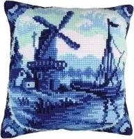 Kussen Hollandse molen delftsblauw - borduurpakket Collection d'Art