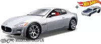 Maserati GranTurismo (Zilver) 1:24 Bburago (22 cm)  + Hot Wheels Miniatuurauto + 3 Unieke Auto Stickers! - Model auto - Schaalmodel - Modelauto - Miniatuur autos - Speelgoed voor kinderen