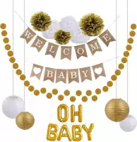 Babyshower versiering - Geboorte versiering Jongen Meisje - Babydouche decoratie - goud wit - oh baby shower feest pakket - slinger jongen meisje