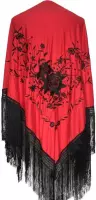 Spaanse manton  - omslagdoek - rood zwart Large met zwarte franjes bij verkleedkleding of flamenco jurk